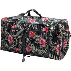 a duffel bag with flowers and leaves on the front is shown in this image