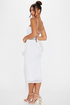 Available In White. Crochet Midi Dress Straight Neckline Spaghetti Straps Lace Up Back Lined Stretch Length = 47" Self: 95% Polyester 5% Spandex Lining: 100% Polyester Imported | Beachy Bliss Crochet Midi Dress in White size 1X by Fashion Nova Fitted Crochet Dress With Spaghetti Straps For Party, White Crochet Dress With Spaghetti Straps, White Fitted Crochet Dress With Spaghetti Straps, Crochet Midi Dress, Crochet Midi, Service Women, Straight Neckline, White Midi Dress, White Crochet