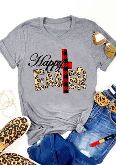 Happy Easter Cross, Gray Fashion, Plaid And Leopard, Printed Tshirt, Easter Cross, Short Women