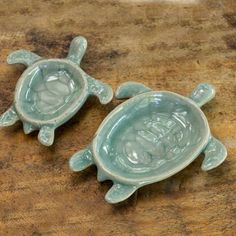 two ceramic turtle dishes sitting on top of a wooden table