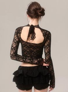 ❤︎Open halter-neck lace top❤︎ Chic Black Tops With Delicate Lace, Stretch Lace Top For Party, Black Lace Tops For Party, Black Lace Party Tops, Elegant High Neck Lace Top For Party, Stretch Tops With Lace Sleeves For Evening, Evening Tops With Lace Sleeves And Stretch, Black Delicate Lace Top For Spring, Evening Stretch Lace Top