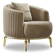 a beige chair with gold legs and a pillow on the armrests, sitting in front of a white background