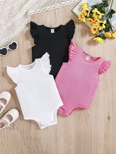 Pink  Collar   Plain Tee Embellished High Stretch  Baby Girls Clothing Pink Plain, Cute Donuts, Plain Tees, Pink Collar, Pink Collars, Sleeveless Bodysuit, Sleeveless Rompers, Casual Girl