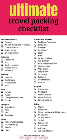 the ultimate travel packing checklist is shown in pink and yellow, with text overlaying