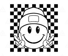 a black and white checkered background with a smiley face wearing a hat, giving the thumbs up