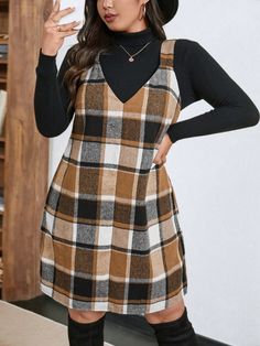 Plus Size Plaid Strap Casual Overall Dress For Going Out, Party, Commuting, Fashion Holiday Dress Halloween Women Outfits Multicolor Casual  Sleeveless Woven Fabric Plaid Tank Non-Stretch  Women Plus Clothing, size features are:Bust: ,Length: ,Sleeve Length: Plaid Overcoat, Plaid Print Shirt, Plus Size Plaid, Boys Plaid, Thanksgiving Outfit, Holiday Dress, Vestido Casual, Women Outfits, Winter Outfits Women