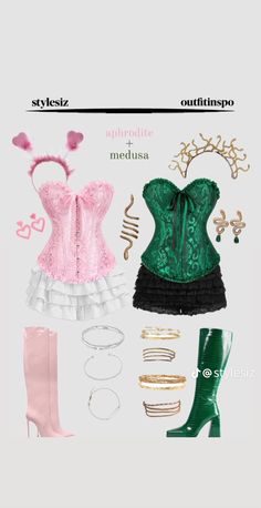 an assortment of clothes and accessories for a woman in green, pink, and white