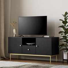 a flat screen tv sitting on top of a wooden entertainment center next to a potted plant