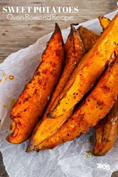 sweet potato wedges on wax paper with seasoning sprinkled on top and the words sweet potatoes oven roasted recipe