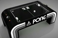 a black and white table top with the word pong on it's side