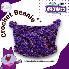 the crochet beanie is made with purple yarn and features an embellishment