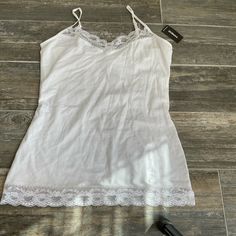 Never Worn. Tags Attached. White Delicate Strap Sleepwear For Spring, Elegant White Tank Top For Loungewear, Spring White Sleepwear With Built-in Bra, White Stretch Camisole For Daywear, White Cami For Spring, White Lace Trim Tank Top For Loungewear, Silk Chemise, Victoria Secret Pajamas, Satin Short