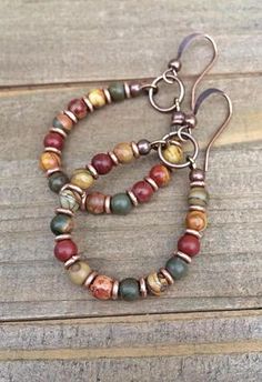 Bohemian Earrings, Boho Hoop Earrings, Colorful Earrings Boho Hoop Earrings, Bijoux Fil Aluminium, Earthy Jewelry, Small Hoop Earrings, Jasper Earrings, Tiffany Jewelry, Earrings Inspiration, Homemade Jewelry, Colorful Earrings