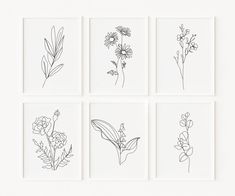 four flower drawings are arranged in squares on a white surface, each with different flowers and leaves