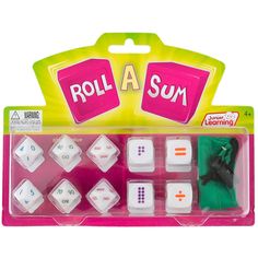 a set of white and pink dices in a plastic case with the words roll - a - sum written on them