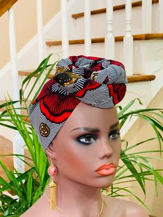 "Elegant Ankara Earrings and Head wrap, made with high quality, 100% African Fabric. Ankara Fabric. Please note that the head wrap is not pre wrapped. The picture is for inspiration only. Head Wrap: Ankara Fabric measures 68'' X 21\" Long Main material :100% Cotton Fabric For Matching Earrings: Your choice Made in United States Please feel free to contact me if you hope to know any other details. For any question please contact me. Thank you for visiting my shop" Adjustable Red Bohemian Turban, Adjustable Turban With Matching Headband As Gift, Adjustable Headwrap Headband As Gift, Elegant Headwrap Headband For Gift, Elegant Headwrap Headband Gift, Handmade Adjustable Headwrap Gift, African Fabric Accessories, Ankara Earrings, Boho Head Wrap