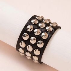 This Unique Piece Is A Wonderful Addition To Your Wardrobe And Your Style; Sure To Get Lots Of Compliments! Gshmvh0030003fc Silver Punk Leather Bracelet With Rivets, Edgy Leather Bracelet For Party, Party Leather Bracelet With Rivets, Black Studded Bracelets For Party, Punk Style Silver Leather Bracelet With Studs, Punk Silver Leather Bracelet With Studs, Silver Leather Bracelet With Rivets For Concerts, Edgy Silver Leather Bracelet With Studs, Punk Black Bracelet With Silver Studs