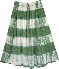 Summer Cotton Tie Dye Skirt with Tinsel - A beautiful chalet green and white tie dye with golden tinsel make this is a unique summer skirt. Perfect for winter giving way to spring and summer! It is accented by golden tinsel streaks throughout the length of the skirt which give it a slight sparkle. This skirt has a relaxed fit, easy and unstructured, with carefree movement. A perfect alternative to jeans on a sunny day, wear it will a sexy cami and look fresh and cool. The fabric has a slight cri Green Festive Skirt For Summer, Green Festive Summer Skirt, Festive Green Summer Skirt, White Festive Skirt For Spring, Bohemian Tunics, Boho Tie Dye, Bridesmaid Outfit, Boho Skirts, Green Outfit