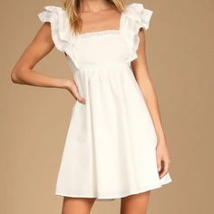 White Dress From Lulu’s. A Line, Simple With A Little Lace. Brand New With Tags. White Square Neck Mini Dress For Daytime, White Hoco Dress, Lulus White Dress, White Floral Lace Dress, Yellow Bodycon Dress, Bride 2024, Lace Corset Dress, Blue Lace Mini Dress, Confirmation Dresses