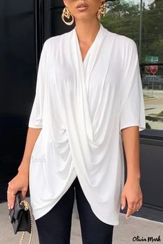 Olivia Mark - Womens Elegant Yellow Asymmetrical V-Neck Fold-Over T-Shirt White Layering Tops, White Tops For Layering, Casual White Wrap Top, Versatile White Wrap Top, Versatile White Top With Asymmetrical Hem, Long Pullover, Loose Outfit, Moda Vintage, Patchwork Designs