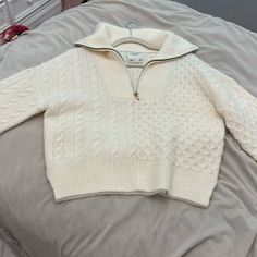 Brand New! White Soft Knit Winter Sweater, White Cozy Soft Knit Sweater, Cozy Soft Knit White Sweater, Cozy White Soft Knit Sweater, White Knitted Winter Tops, White Knitted Tops For Winter, White Cable Knit Cardigan For Winter, Fall White Outerwear With Ribbed Collar, White Outerwear With Ribbed Collar For Fall