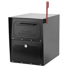 a black mailbox with a red stick sticking out of it