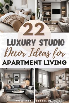 Collage of 22 luxury studio decor ideas featuring multifunctional furniture, elegant design touches, and innovative storage solutions for chic and functional apartment living. Luxury Living Room On A Budget, Apartment Decor Inspiration Cozy Chic, Cozy Studio Apartment Ideas Small Spaces, Studio Ideas Apartment, Studio Apartment Living Room Ideas, Luxury Studio Apartment Ideas, Chic Studio Apartment, Bohemian Studio Apartment