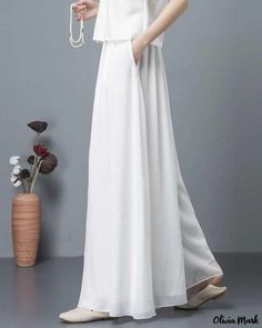 OliviaMark - Premium Double-layered Chiffon Wide-leg Pants and High-waisted Flowy Palazzo Skirt with Elastic Waist - Available in White or Black Palazzo Skirt, Chiffon Palazzo Pants, Wedding Pants, Flared Palazzo, Sophisticated Dress, High Waisted Flares, White Chiffon, Cocktail Evening Dresses, Pantalon Large