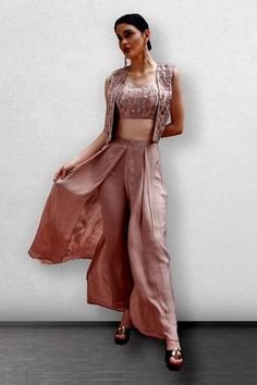 Shop for Jade By Ashima Pink Dupion Silk Embroidered Jacket And Pant Set for Women Online at Aza Fashions Rose Gold Jacket, Gold Jacket, Gold Blouse, Embellished Jacket, Designer Outfits, Dupion Silk, Embroidered Neckline, Pink Jacket, Embroidered Jacket