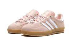 The Women’s adidas Gazelle Indoor “Shadow Fig” is a women’s-exclusive colorway of the lifestyle shoe with a unique look.  A casual, easy-wearing option for women, the adidas Gazelle Indoor “Shadow Fig” features a Shadow Fig-colored suede construction with tonal overlays on the toe and eyelets.  Contrasting white leather Three Stripes branding can be found on the sides and a white leather overlay appears on the heel.  Gold “Gazelle” branding is stamped on the lateral side of the mid-panel.  A gum Cute Gazelles, Pink Adidas Gazelle, Adidas Shoes Gazelle, Adidas Gazelle Pink, Pink Gazelles, Stripes Branding, Adidas Gazelle Indoor, Skor Sneakers, Preppy Shoes