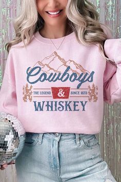 Cowboys and Whiskey Western Oversized Graphic Sweatshirt  Premium Cotton Oversized Fit Winter Pink Top With Letter Print, Pink Letter Print Top For Winter, Pink Tops With Letter Print For Winter, Oversized Pink Top With Text Print, Pink Tops With Text Print For Fall, Casual Pink Sweatshirt With Graphic Print, Casual Pink Sweatshirt With Text Print, Pink Graphic Print T-shirt For Winter, Winter Pink Graphic Print T-shirt