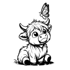 a black and white drawing of a cow with a butterfly on its head