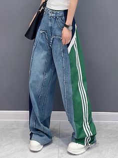 Loose Wide Leg Contrast Color Drawstring Elasticity Fringed Split-Joint Jean Pants Bottoms RED-One_size Casual Full Length Patchwork Bottoms, Patchwork Full Length Streetwear Pants, Green High Waist Patchwork Bottoms, Green High-waist Patchwork Bottoms, Patchwork Full Length Bottoms For Streetwear, Patchwork Bottoms For Streetwear, Ropa Upcycling, Diy Jeans, Jean Pants