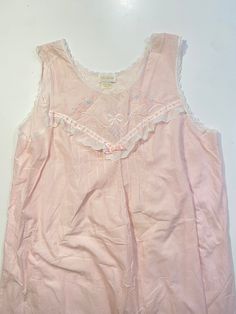 Adorable frilly vintage pink cotton blend and lace nightgown with embroidered bow design Cotton Sleepwear With Lace Trim For Bedtime, Cotton Nightgown With Lace Trim For Sleep, Cotton Nightgown With Lace Trim For Bedtime, Feminine Sleepwear With Lace Trim For Sleepover, Feminine Cotton Nightgown For Pajama Party, Feminine Lace Trim Nightgown For Sleepovers, Spring Cotton Nightgown With Lace Trim, Spring Pink Lace Nightgown, Pink Feminine Sleepwear With Lace Trim