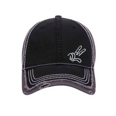 a black and white hat with an embroidered logo on the front, featuring a hand holding a