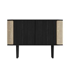 the sideboard is made from wood and has wicker panels on it, along with black legs