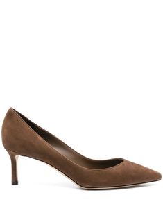 brown calf suede slip-on style mid cone heel pointed toe branded insole leather sole Jimmy Choo Heels, Demi Fine Jewelry, Summer Beach Wear, Flat Boots, Suede Pumps, Fine Earrings, Ballet Flat Shoes, Pump Sandals, Lady Dior