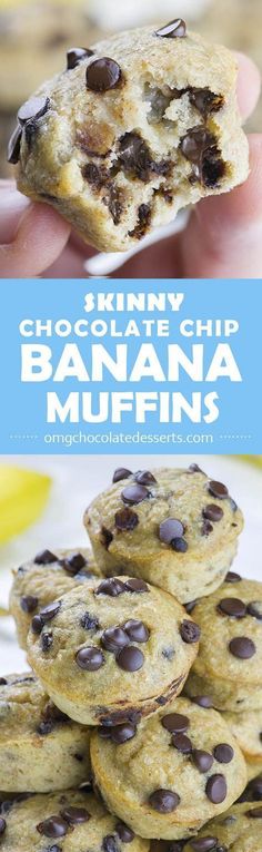 Skinny Chocolate Chip Banana Muffins is EASY and HEALTHY BREAKFAST RECIPE for busy mornings!!! Chocolate Chip Banana Muffins, Easy And Healthy Breakfast, Banana Split Dessert, Healthy Breakfast Recipe, Banana Muffin Recipe, Chocolate Chip Banana, Banana Chocolate Chip Muffins, Läcker Mat, Banana Chocolate Chip