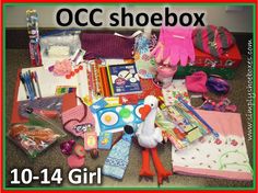 the contents of a child's shoebox are displayed on the floor, including toys and other items