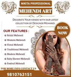 an advertisement for mehndi art with the image of a woman holding her hands up