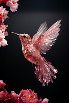 a hummingbird hovering over pink flowers on a black background