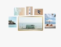 a van parked on the beach next to an umbrella and some pictures with blue flip flops