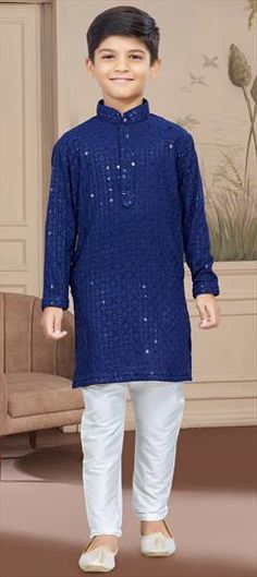 Blue color Boys Kurta Pyjama in Rayon fabric with Embroidered, Stone, Thread work Blue Sequined Sets For Eid, Traditional Blue Kurta With Sequins, Festive Cotton Kurta With Sequins, Blue Sequined Long Sleeve Set, Kurta For Boys, Bday Dresses, Boys Kurta Design, Indian Blue, Couple Wedding Dress