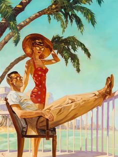 a painting of a man sitting in a chair next to a woman on the beach