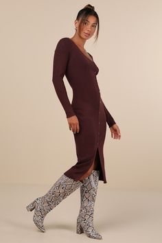 Prepare for a season of looking flawless in the Lulus Demure Attitude Chocolate Ribbed Asymmetrical Midi Sweater Dress! Soft and stretchy ribbed knit shapes this sweater dress that has a comfy, long sleeve bodice with a stylish asymmetrical V-neckline. The figure-skimming silhouette features an asymmetrical, decorative button placket that continues down to a flirty front slit at the midi hem. Pair to perfection with anything from ballet flats to boots! Fit: This garment fits true to size. Length Long Sweater Dress With Boots, Tall Boots With Dress, Sweater Dress And Boots, Dresses With Boots Fall, Sweater Dress With Boots, Boots Fit, Midi Sweater Dress, Long Sweater Dress, Midi Dress Casual