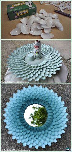 the process to make a paper plate flower is shown in three different stages, including paint and