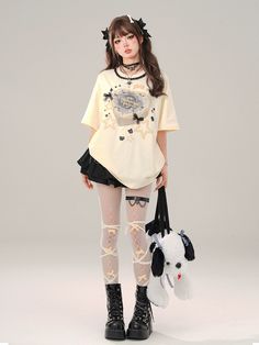 ❤︎Nostalgic Wave Lace Ribbon Loose T-shirt❤︎ Japanese Cute Fashion, Agejo Gyaru Fashion, Yume Kawaii Fashion, Blouse With Shorts, Cutecore Outfit, Alt Summer Outfits, Kawaii Shirt, Harajuku Grunge, Emo Fits