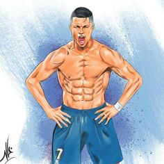 a drawing of a man with his hands on his hips wearing blue shorts and no shirt