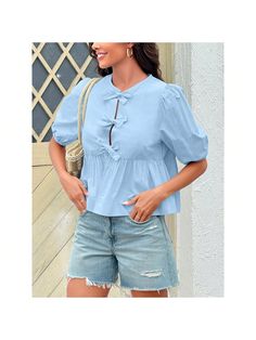 BZB Womens Tie Front Tops Summer Peplum Babydoll Puff Short Sleeve Blouse Cute Cotton Shirts Blue Casual    Plain Peplum   Women Clothing, size features are:Bust: ,Length: ,Sleeve Length: Puff Short Sleeve Blouse, Tie Front Tops, Cotton Shirts, Womens Tie, Front Tie Top, Summer Tops, Short Sleeve Blouse, All Fashion, Women Clothing