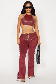 Available In Black And Burgundy. Faux Leather and Suede Pant Set Faux Leather Halter Top Backless Adjustable Tie Straps Flare Pant Faux Suede With Faux Leather Detail Lace Up Front Lace Up Leg Stretch 33" Inseam Shell Facing: 100% Polyurethane Shell Backing: 100% Polyester Imported California Proposition 65 WARNING: Cancer and Reproductive Harm - www.P65Warnings.ca.gov. | Wild West Faux Leather Pant Set in Burgundy size Large by Fashion Nova Leather Halter Top, Leather Tops, Burgundy Fashion, Leather Halter, Suede Pants, Flare Pant, Leather Pant, Leather Detail, Brown Pants